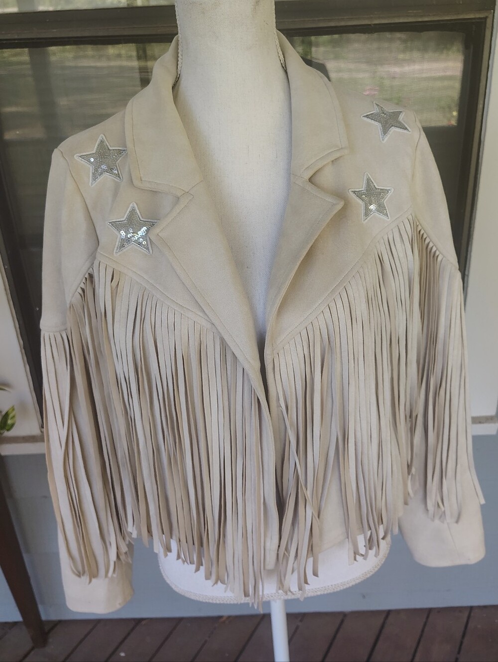 Fantastic Fawn,Beige Suede Fringe Jacket with Silver Star Sequins.